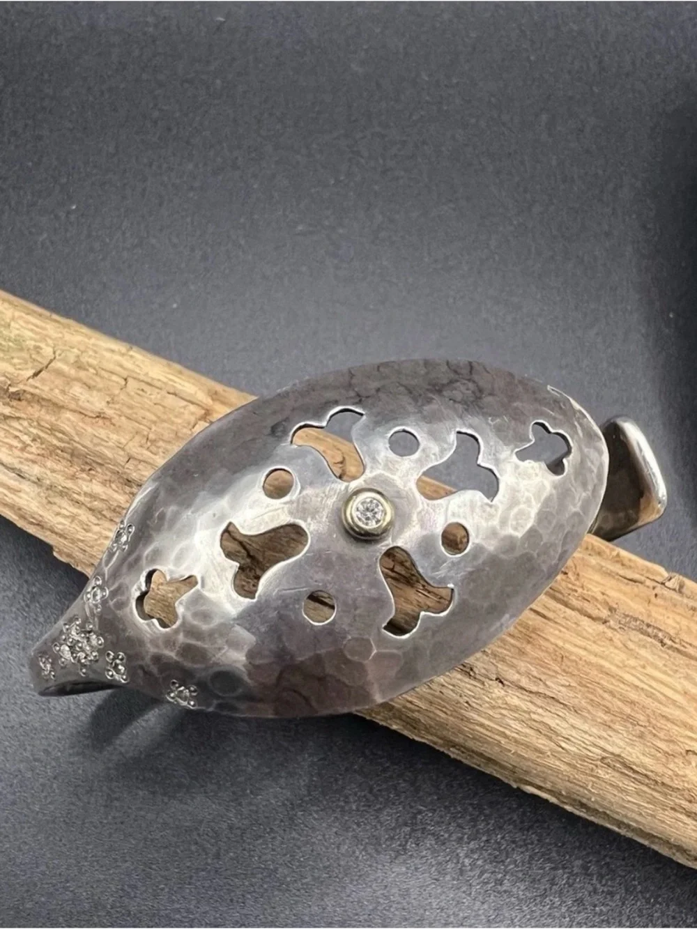 Brandon Holschuh Sterling Silver & 14K Gold Hammered Spoon Cuff with Diamonds